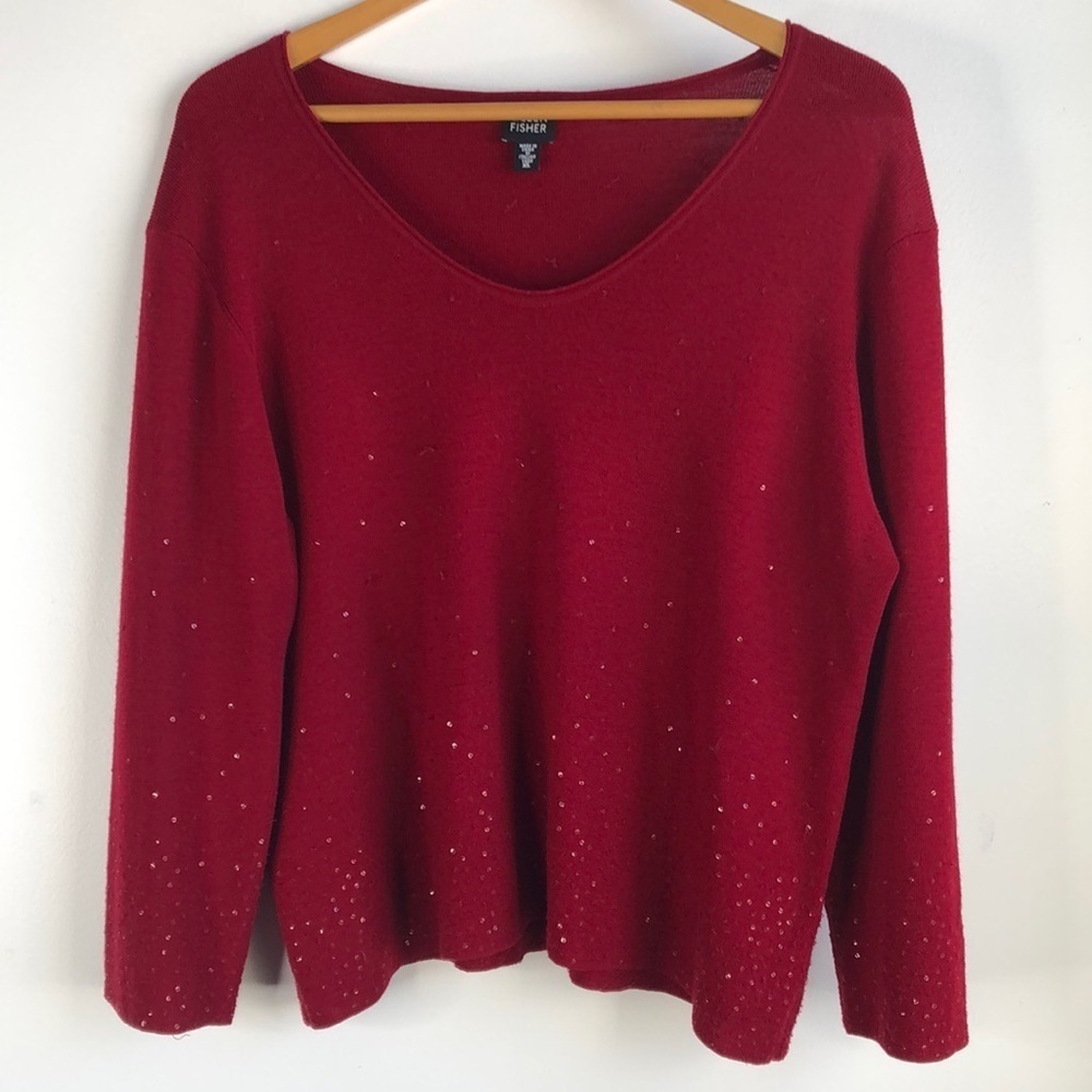 Eileen Fisher 100% Merino Wool Red Sweater with bling